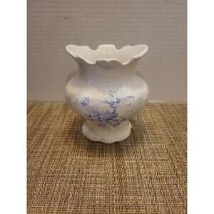 Vintage 4.5" White Porcelain Vase With Blue Floral Image Marked Tiger Rare Piece